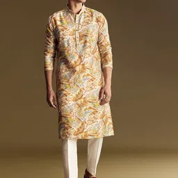 KALKI Fashion Printed Linen Kurta Set With Floral And Foil Highlights-picture-12