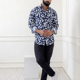 SURHI Men Comfort Fit Abstract Printed Spread Collar Cotton Casual Shirt-image-14