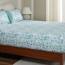 MASPAR Blue Floral Printed Pure Cotton 200 TC Fitted King Bedsheet Set 2.75 x 2.75 m-picture-5