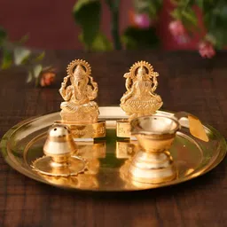 CraftVatika Gold Toned 5 Pieces Glossy Pooja Thali-image-91