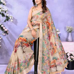 MORDEN MUSE Printed Linen Shimmer Saree With Blouse Piece-image-73