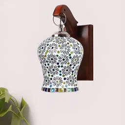 Devansh White & Yellow Floral Printed Wooden Bell Shaped Wall Lamp With Mosaic Glass image 2
