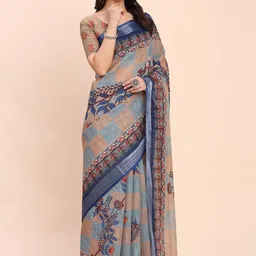 all about you Ethnic Motifs Printed Striped Border Cotton Saree With Blouse Piece image 5
