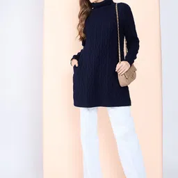 CLAPTON Women Self Design Cable Knit Turtle Neck Woollen Pullover image 5