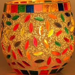 Somil Vibrant Multicolor Glass Candle Holder Add A Touch Of Magic To Diwali, Parties & Candlelight Dinners, Size-8.5 X 8.5 X 8.5 Cm Pack OF 5 image 3