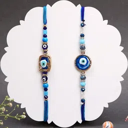 Aapno Rajasthan Set Of 2 Evil Eye Beaded Rakhis With Roli Chawal & Greeting Card-picture-20