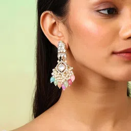 Ishin Gold Plated Kundan Studded And Beaded Geometric Drop Earrings-picture-21