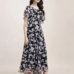 Fashion2wear Women Flutter Sleeves Abstract Printed Fit & Flare Maxi Dress image 3
