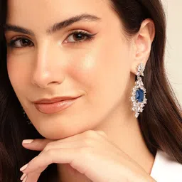 Anouk Silver-Plated American Diamonds Studded Square Drop Earrings-image-3