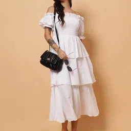 ROSEMELON Women Off-Shoulder Bell Sleeve Crepe Fit & Flare Midi Dress-picture-23