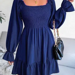 a-asiya enterprises Women Solid Smocked Tiered Crepe Fit & Flare Mini Dress-picture-28