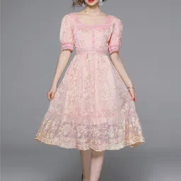 bebe Women Floral Embroidered Square Neck Puff Sleeve Fit & Flare Midi Dress-image-27