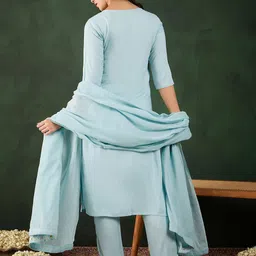 Sangria Blue Floral Yoke Design Sweetheart Neck Straight Kurta With Trouser & Dupatta image 4