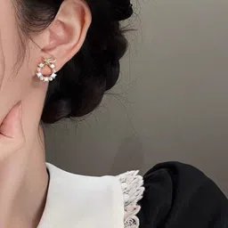 PolluxCraft Korean Gold Plated Pearls And Stone Studded Circular Shaped Studs image 5