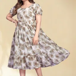 GROMint Floral Print Puff Sleeve Georgette Fit & Flare Midi Dress-picture-13