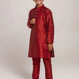 DEVOILER Boys Mandarin Collar Dupion Silk Straight Kurta With Churidar image 5
