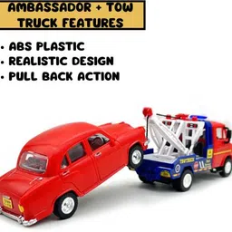 woozee TUF TOW CRANE TRUCK+AMBASSADOR CAR MINIATURE TOY||PULL BACK ACTION|| ABS PLASTIC image 2