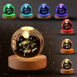 starkendy Galaxy Universe Crystal Rose Ball 3D Glass Light Wood Base, Home Decoration Night Lamp image 4