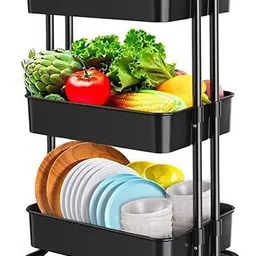 3 Tier Utility Cart Plastic Tray Organizer Trolley with Handle Lockable Wheels Steel Kitchen Trolley-image-0