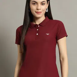 xyris Women Solid Polo Neck Cotton Blend Maroon T-Shirt-picture-17