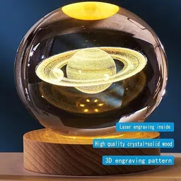 artistic gifts 3D Saturn Crystal Ball Night Light Engraved Table Lamp for Bedroom Wooden Base Night Lamp image 2