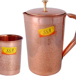 shivshakti arts Designer Eatching, Embossed Design Pure Copper Jug Glasses Set | Drinkware Set- ( Capacity - 1 Liter ) - 2 Pieces Set Jug Glass Set-picture-11