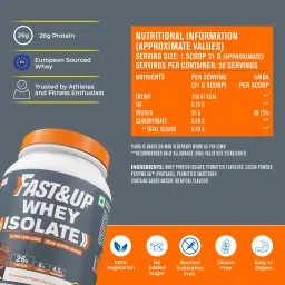 fast & up Fast&Up Whey Protein Pure Isolate, Ultra low carb (Rich Chocolate flavour) 26g protein per serve, Low lactose, Gluten free, 930g -30 servings image 3