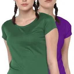 dsws Pack of 2 Women Sporty, Solid Round Neck Polyester Purple, Dark Green T-Shirt-picture-20