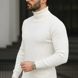 trendbite Men Solid Turtle Neck White Sweater image 3