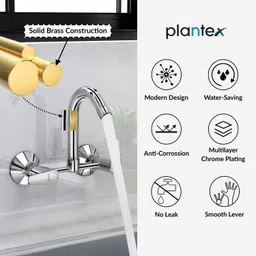 plantex Brass Bathroom Basin Mixer with Swivel Spout/Double Handle Hot & Cold Water Tap for Kitchen Sink with Brass Wall Flange & Teflon Tape (DOL-2315, Chrome) Basin Mixer Faucet image 2