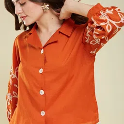 j turritopsis Women Regular Fit Embroidered Spread Collar Casual Shirt image 4