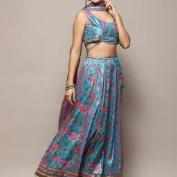 Biba Floral Printed Round Neck Sleeveless Ready To Wear Lehenga & Blouse With Dupatta image 5