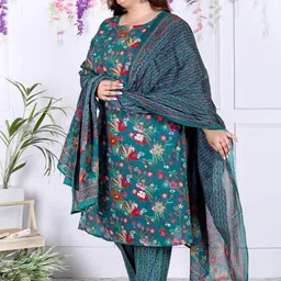 KALINI Plus Size Floral Printed Regular Pure Cotton Straight Kurta With Trousers & Dupatta image 5