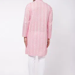 VASTRAMAY Men Pink Chikankari Pure Cotton Kurta with Pyjamas image 5