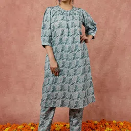 Jaipur Kurti Floral Printed Puff Sleeves A-Line Kurta with Trouser image 4