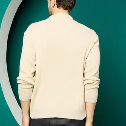 houseofcommon Men Solid High Neck Beige Sweater image 2