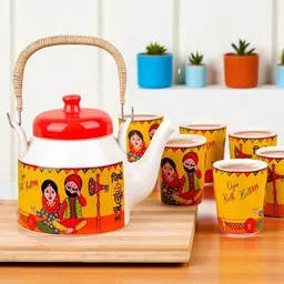 edencart Pack of 7 Ceramic Traditional Punjabi Jitthe Tea Utthe Me Tea Set with Kettle|Tea Glasses Set of 6 image 1