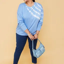 Plus Size Women Printed Round Neck Pure Cotton Light Blue T-Shirt-image-49