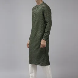 See Designs Men Green Thread Work Kurta with Trousers image 3