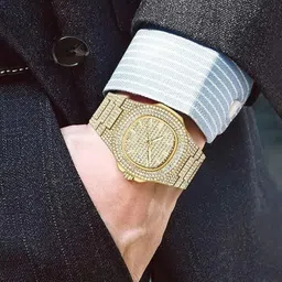 qishtar Diamond Stone Crystal Stainless Steel Analog LUXUARY Watch: Analog Watch - For Men Diamond crystal analog man gold watch image 2