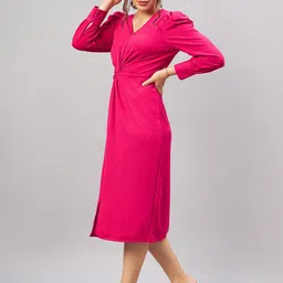 Antheaa Pink Shirt Collar Cuff Sleeves Pleated Sheath Midi Dress image 2