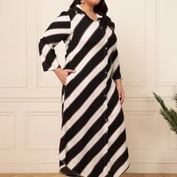 vibes by deebaco DEEBACO Plus Size Striped Shirt Midi Casual Dress image 2
