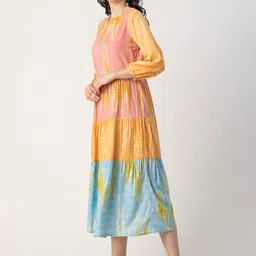 Moomaya Round Neck Tie and Dye Layered Fit & Flare Midi Dress image 2
