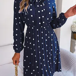 StyleCast Navy Blue Polka Dot Printed Tie-Up Neck Accordion Pleats Fit & Flare Dress image 2