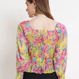 Popwings Floral Printed Square Neck Puff Sleeve Smocked Regular Top image 2