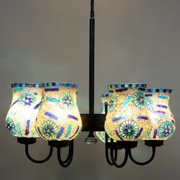 Devansh White & Blue Mosaic Design Glass 6 Shades Chandelier image 4