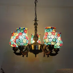 Devansh White & Gold-Toned Mosaic Printed Glass Chandelier Ceiling Lamp image 3