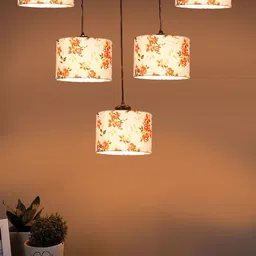 Devansh Beige & Orange Printed Cotton  Round Drum Quintuple Hanging Pendant Lamp image 2