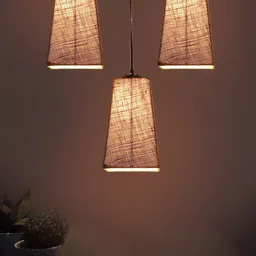 Devansh Beige & Black Textured Cluster 3 Pyramid Shaped Hanging Lamps With Jute Shades image 2