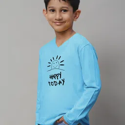 Friskers Boys Turquoise Blue Typography Printed V-Neck Applique T-shirt image 2